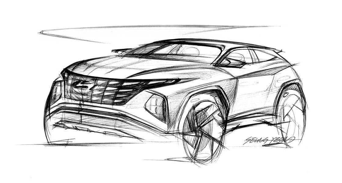 Designový náčrt zcela nového kompaktního SUV Hyundai Tucson v pohledu zepředu.